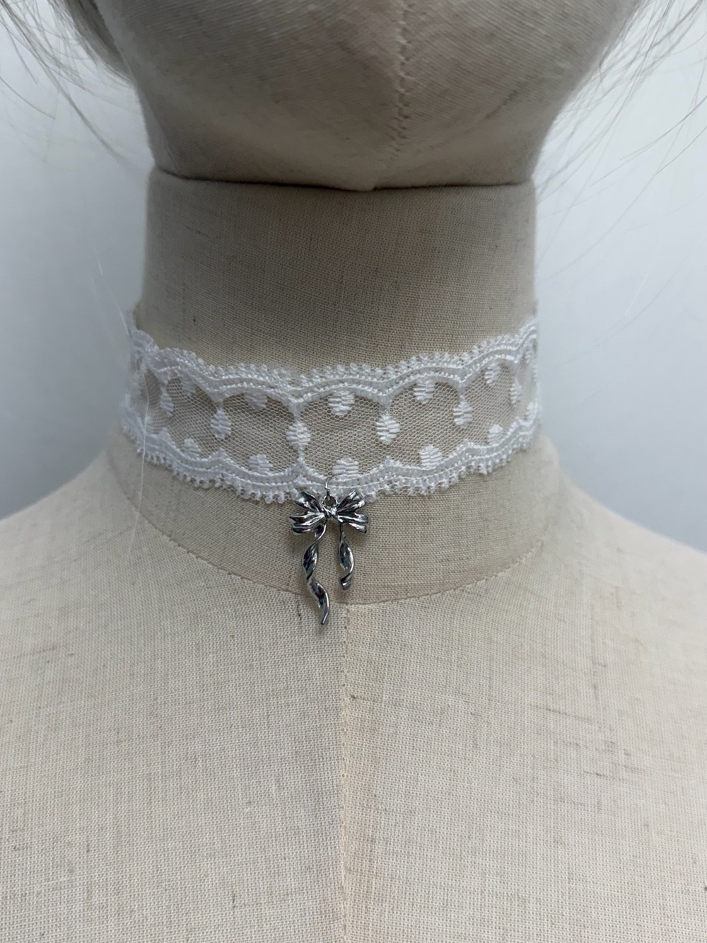 White Lace Choker Necklace Silver Floral Pendant Coquette Gothic Adjustable
